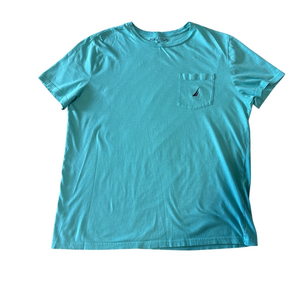 Nautica Mens XL Turquoise Blue Cotton Short Sleeve Pocket T-Shirt Crew Neck Logo
